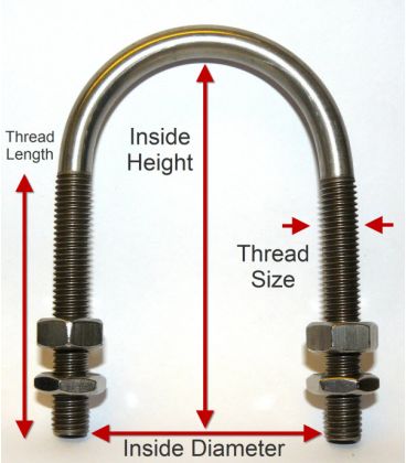 U-Bolt M20 x 80 mm Thread, 175 mm Inside Diam, 230 mm Inside Height T316 Stainless Steel 