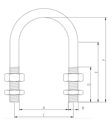 U-Bolt M10 x 50mm Thread, 52mm Inside Diam, 82mm Inside Height 316 Stainless Steel